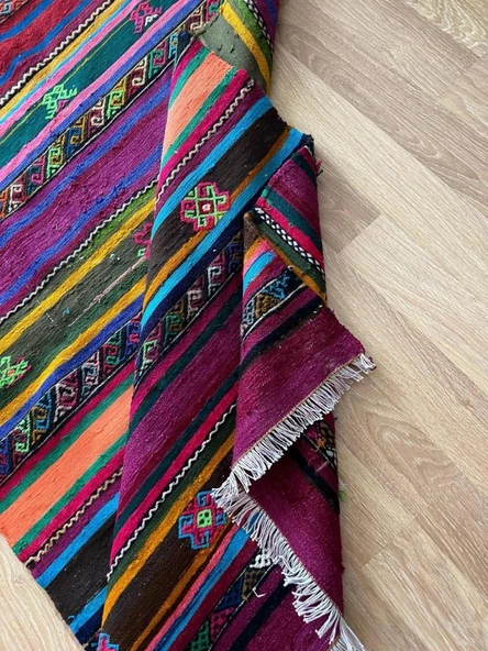 101x325 cm Canlı Renkli Kilim, Uzun Yün Yolluk, Çizgili ve Akrep Motifli, El Dokuma Vintage Kilim - 8