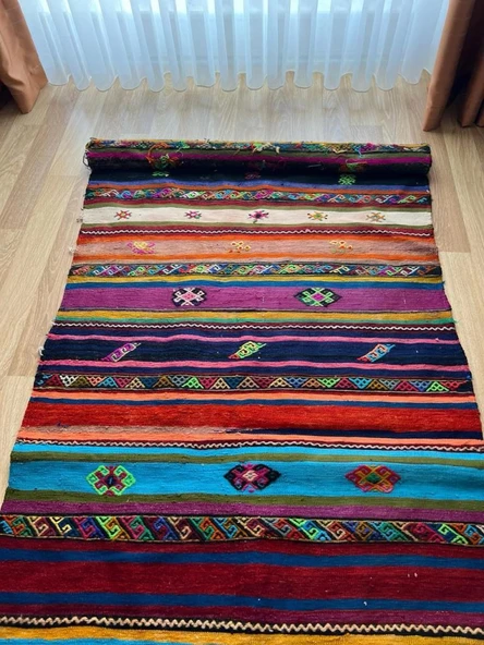 101x325 cm Canlı Renkli Kilim, Uzun Yün Yolluk, Çizgili ve Akrep Motifli, El Dokuma Vintage Kilim - 7