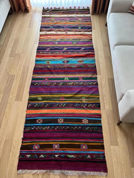 101x325 cm Canlı Renkli Kilim, Uzun Yün Yolluk, Çizgili ve Akrep Motifli, El Dokuma Vintage Kilim