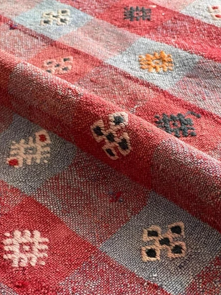 160x280 cm Büyük Kırmızı Türk Kilimi, El Dokuma Yün Kilim, Kare Desenli Kilim, Antika Anadolu Halısı, Ev Hediyesi - 3