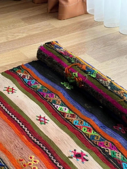 101x325 cm Canlı Renkli Kilim, Uzun Yün Yolluk, Çizgili ve Akrep Motifli, El Dokuma Vintage Kilim - 9