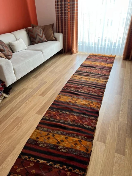 66x377 cm Koyu Renkli Uzun Kilim, El Dokuma Vintage Yün Halı, Geleneksel Anadolu Koridor Halısı, Harika Desenli Yolluk