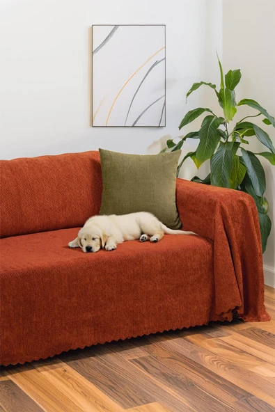 Jakarlı Şönil Koltuk Örtüsü  | Çekyat Örtüsü | Koltuk Şalı 175x300 Kaymaz Kiremit ürün görseli 1