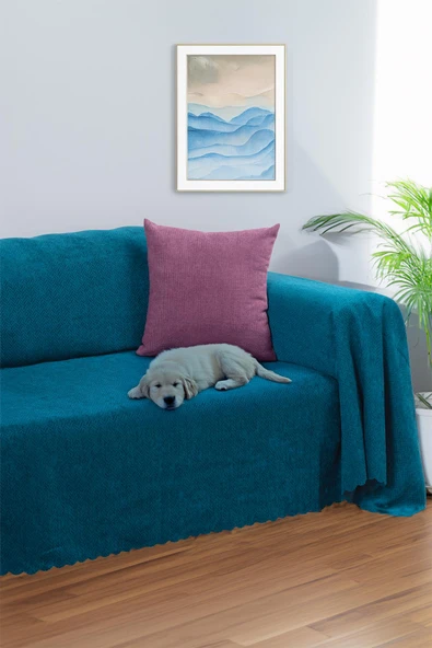 Jakarlı Şönil Koltuk Örtüsü | Çekyat Örtüsü | Koltuk Şalı 175x300 Kaymaz Turkuaz