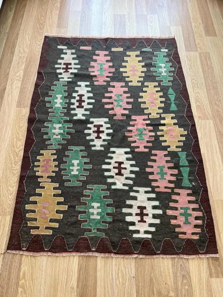 113x163 cm Ender Desenli Türk Kilimi, Yeşil Tonlarında Yün Kilim, El Dokuma Vintage Halı, Şık Bohem Kilim