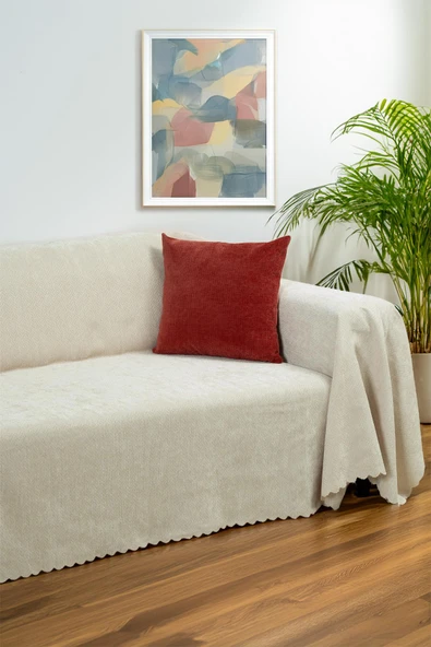 Jakarlı Şönil Koltuk Örtüsü  | Çekyat Örtüsü | Koltuk Şalı 175x300 Kaymaz Krem ürün görseli 1