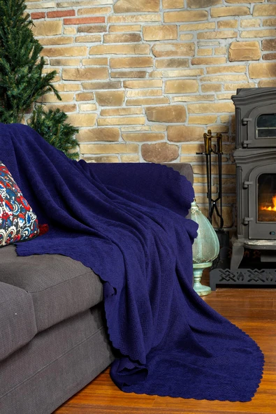 Jakarlı Şönil Koltuk Örtüsü | Çekyat Örtüsü | Koltuk Şalı 175x300 Kaymaz Lacivert - 2