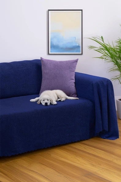 Jakarlı Şönil Koltuk Örtüsü | Çekyat Örtüsü | Koltuk Şalı 175x300 Kaymaz Lacivert