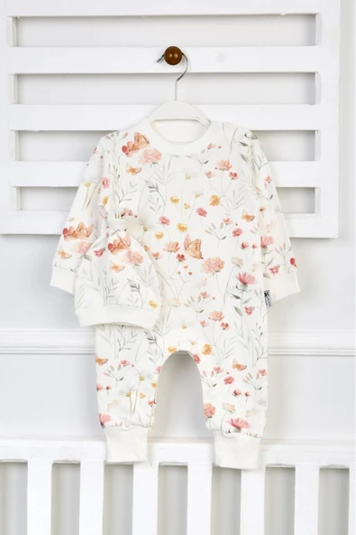 SOZZY KIZ Bebek %100 Pamuk Çiçek Desenli Tulum ve Şapka (2 parça)