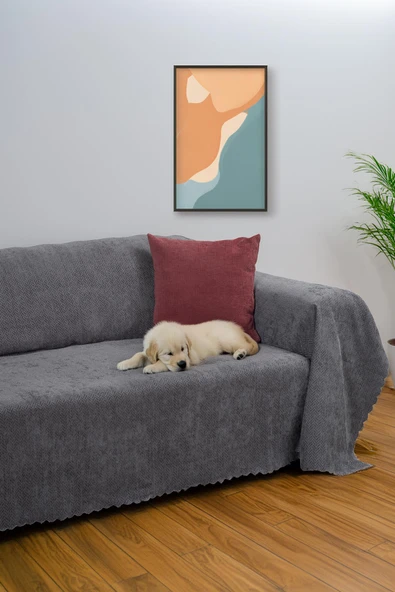 Jakarlı Şönil Koltuk Örtüsü  | Çekyat Örtüsü | Koltuk Şalı 175x300 Kaymaz Gri ürün görseli 1