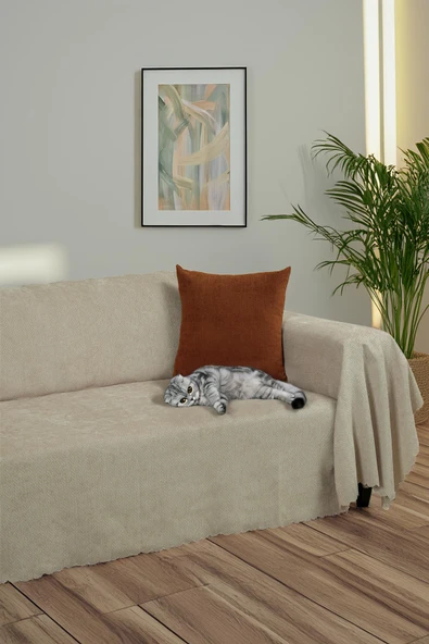 Jakarlı Şönil Koltuk Örtüsü  | Çekyat Örtüsü | Koltuk Şalı 175x300 Kaymaz Camel ürün görseli 1