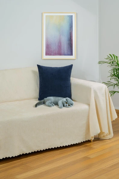 Jakarlı Şönil Koltuk Örtüsü  | Çekyat Örtüsü | Koltuk Şalı 175x300 Kaymaz Ekru ürün görseli 1