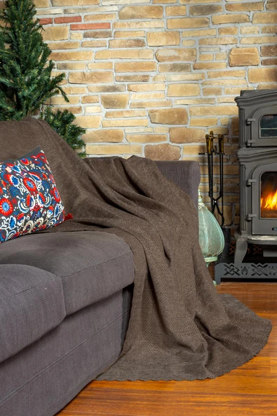 Jakarlı Şönil Koltuk Örtüsü  | Çekyat Örtüsü | Koltuk Şalı 175x300 Kaymaz Kahve - Resim 2