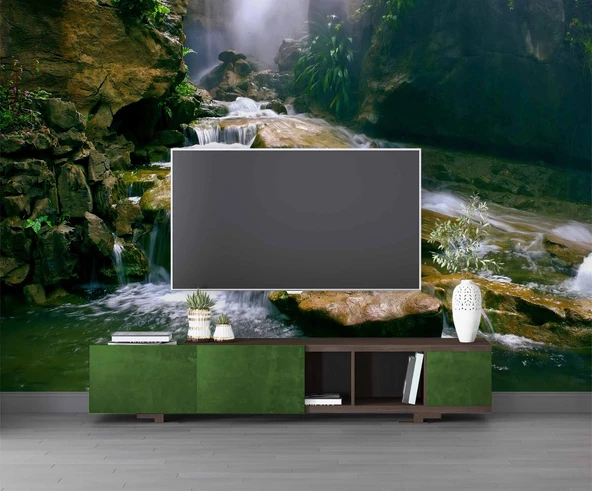 Orman, Şelale ve Nehir Manzaralı Duvar Kağıdı - Resim 3