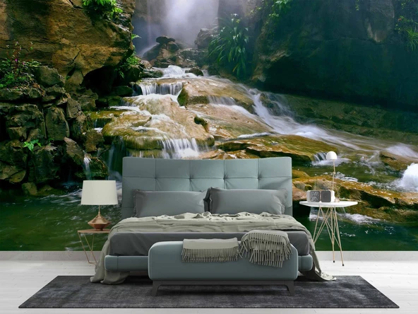 Orman, Şelale ve Nehir Manzaralı Duvar Kağıdı - Resim 2