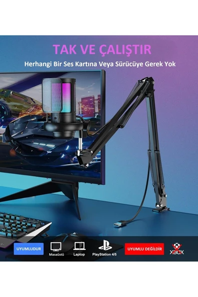 Profesyonel RGB USB Mikrofon Seti Podcast Yayın Oyun YouTuber Stüdyo ve İnfluencer Kayıt Mikrofonu - 4