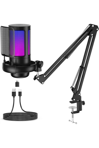 Profesyonel RGB USB Mikrofon Seti Podcast Yayın Oyun YouTuber Stüdyo ve İnfluencer Kayıt Mikrofonu ürün görseli 1