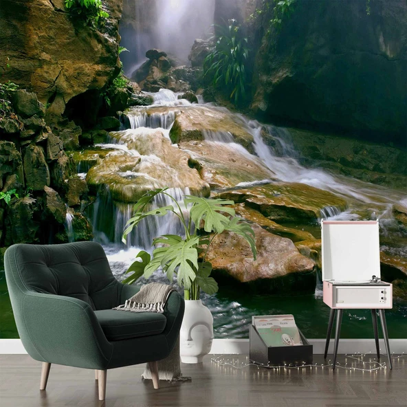 Orman, Şelale ve Nehir Manzaralı Duvar Kağıdı - Resim 6