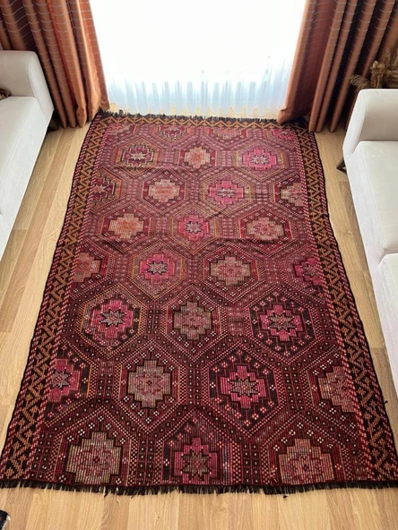 164x247 cm Geometrik Desenli Kilim, Pembe ve Kırmızı Yün Kilim, El Dokuma Vintage Halı, Yumuşak ve Şık Kilim