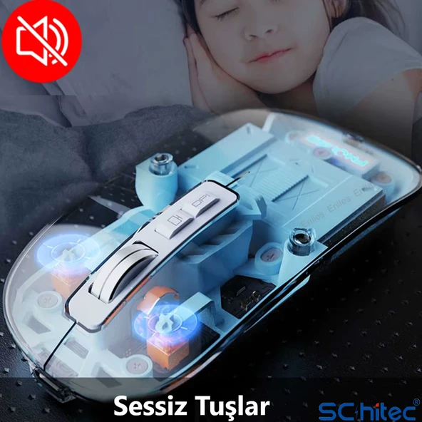 ScHitec M377 Ultra Sessiz 3 Bağlantı Modlu 2xBluetooth Kablosuz Bağlantı + 2.4Gh Gaming Type-C Şarjlı Mouse Beyaz - 2