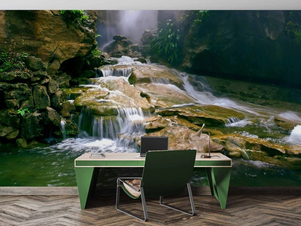 Orman, Şelale ve Nehir Manzaralı Duvar Kağıdı - Resim 4