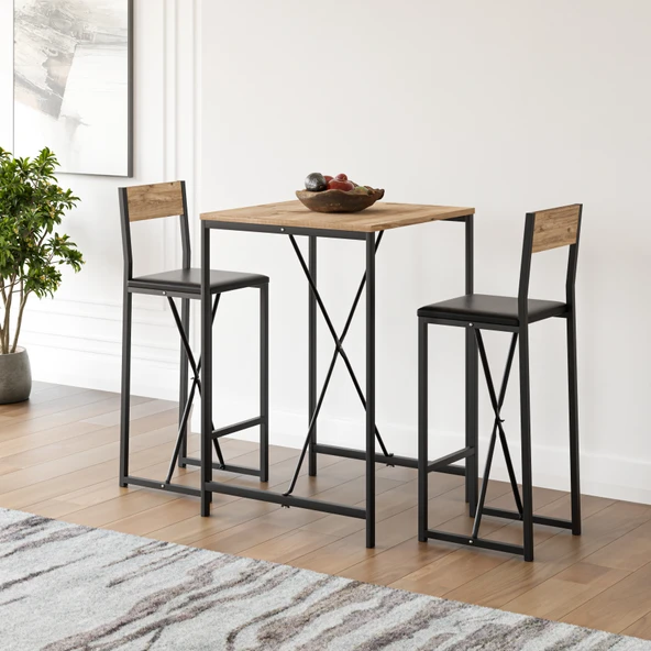 Eportatif Bar Masa Sandalye Seti Mutfak Yemek Masası Takımı Döşemeli Çam 1574