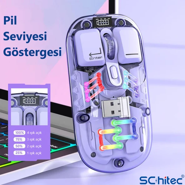 ScHitec M379 Çift Bağlantılı Bluetooth Kablosuz Modlu + 2.4Gh Type-C Şarjlı Gaming Mouse Pembe - Resim 3