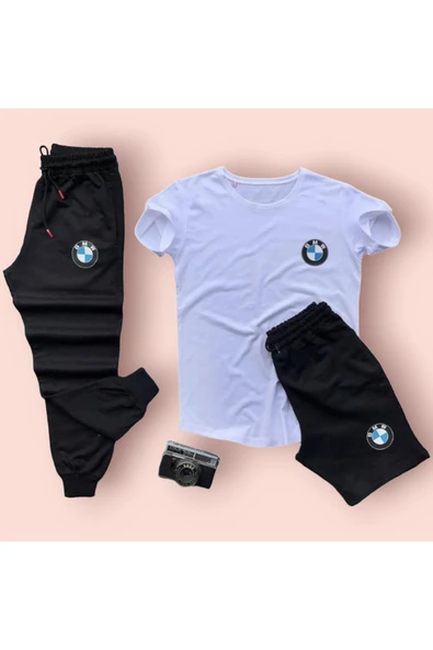 Bmw Baskılı Ünisex Yazlık T-shirt Ve Eşofman Altı 3 Li Set Combin Takım - 3
