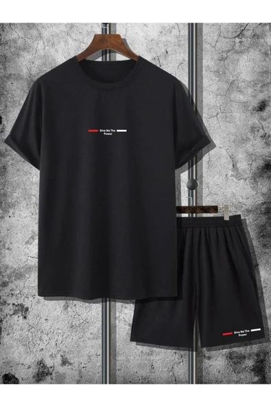 unısex give me power baskılı tişört şort takımı ürün görseli