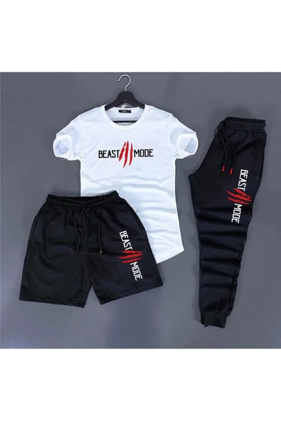 3'lü Unisex Kombin Smile Baskılı T-shirt, Şort Ve Eşorfman Kombin - 2