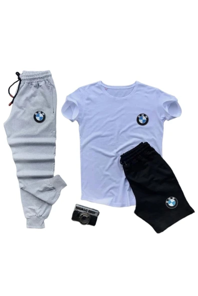 Bmw Baskılı Ünisex Yazlık T-shirt Ve Eşofman Altı 3 Li Set Combin Takım - 4