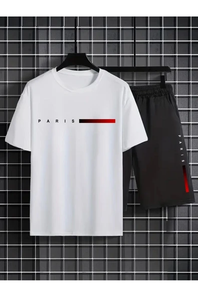 Oversize T-shirt Paris Baskılı Ünisex Yazlık T-shirt ve Şort 2 li Set Combin Takım - Resim 2