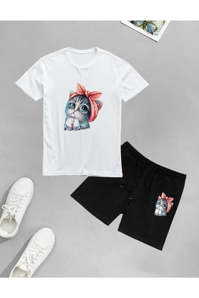 LUNAVISTA Unisex Sevimli Minik Kedi Baskılı Şort-T-shirt takımı