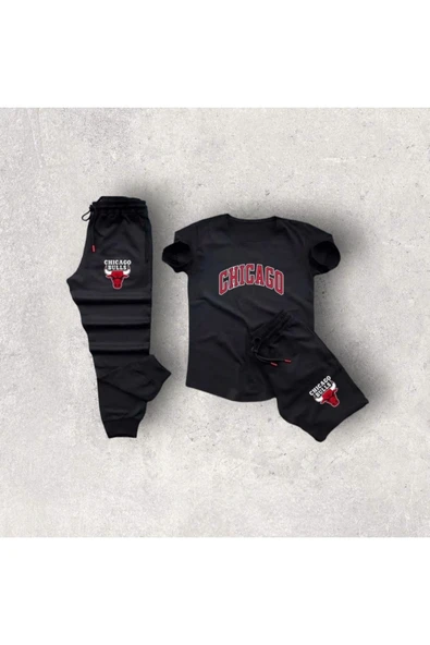 Chicago Baskılı Ünisex Yazlık Şort T-shirt Eşofman Altı 3 lü Set Combin Takım Gri - Resim 5