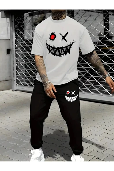 Oversize Gülen yüz Baskılı Original Ünisex Yazlık T-shirt ve Eşofman Altı 2 li Set Combin Takım - 4