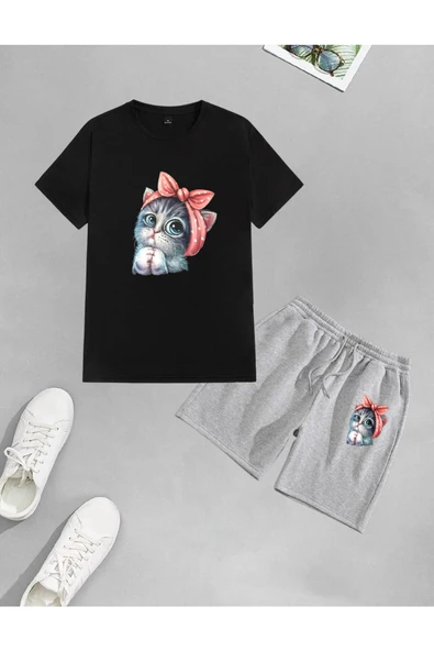 LUNAVISTA Unisex Sevimli Minik Kedi Baskılı Şort-T-shirt takımı