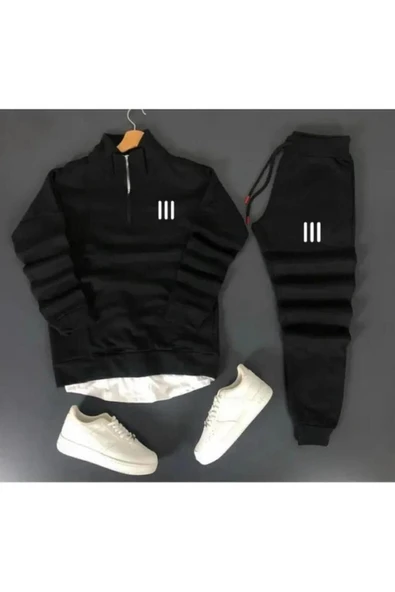 Unisex Üç Çizgi Baskılı Yarım Fermuarlı Sweatshirt-Eşofman Altı Set Kombin ürün görseli