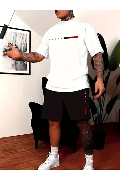 Oversize T-shirt Paris Baskılı Ünisex Yazlık T-shirt ve Şort 2 li Set Combin Takım