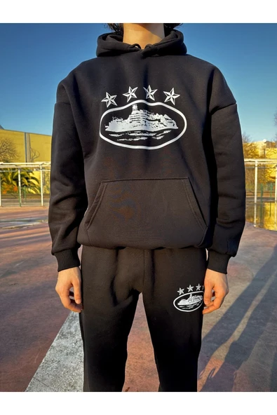 Corteiz Yıldız Baskılı Unisex Hoodie Siyah Takım Sokak Giyim Tarzı