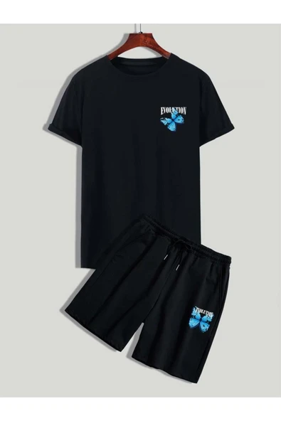 UNISEX mavı kelebek baskılı şort tişört takımı