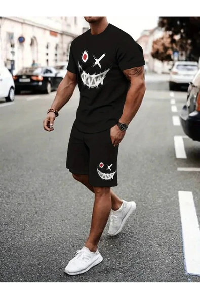Oversize Gülenyüz Baskılı Ünisex Yazlık T-shirt ve Şort 2 li Set Combin Takım - 2