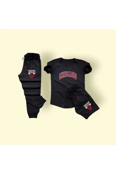 Chicago Baskılı Ünisex Yazlık Şort T-shirt Eşofman Altı 3 lü Set Combin Takım Gri - Resim 4