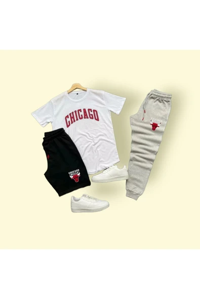Chicago Baskılı Ünisex Yazlık Şort T-shirt Eşofman Altı 3 lü Set Combin Takım Gri - Resim 3