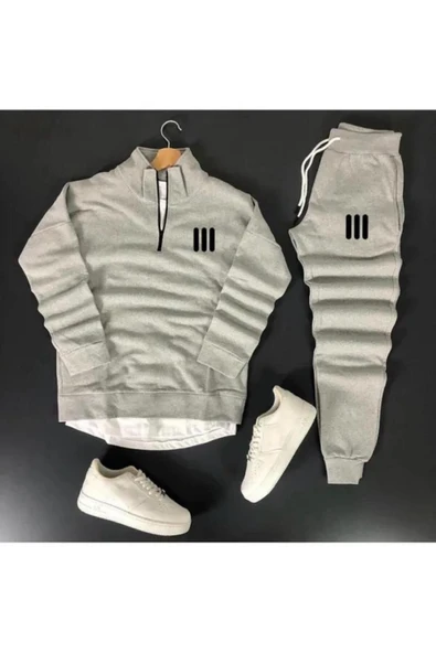 Unisex Üç Çizgi Baskılı Yarım Fermuarlı Sweatshirt-Eşofman Altı Set Kombin - 1