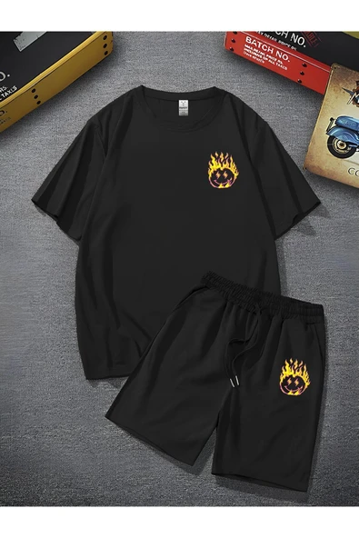 Unisex Baskılı Oversize Bol Kalıp T-shirt Şortlu - Alt Üst Ikili Takım