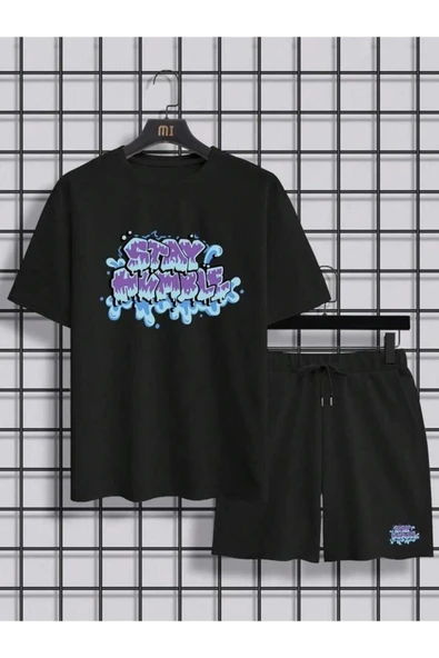 unısex stay humbe baskılı tişört şort takımı - Resim 2