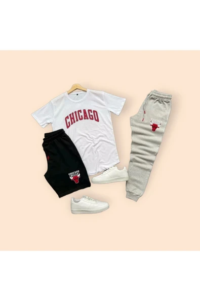 Chicago Baskılı Ünisex Yazlık Şort T-shirt Eşofman Altı 3 lü Set Combin Takım Gri - Resim 2