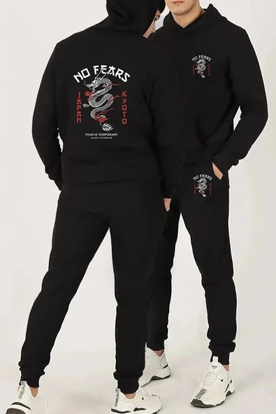 Erkek NO Fears Dragon Baskılı Kapüşonlu Sweatshirt Alt-üst Takım