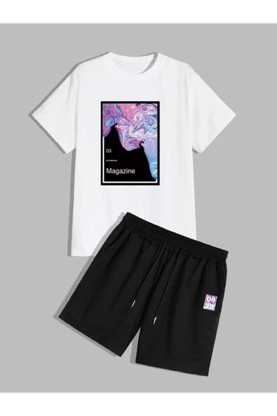 UNISEX MAGAZINE baskılı şort tişört takımı