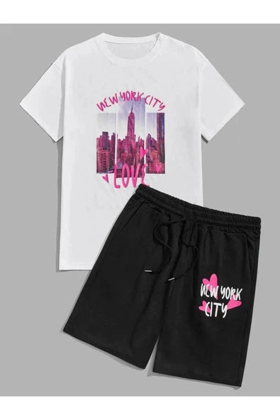 UNISEX newyork cıty baskılı şort tişört takımı